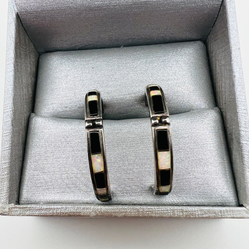 Vintage Silver Tone Onyx Mother of Pearl Half Hoop Earrings Southwestern